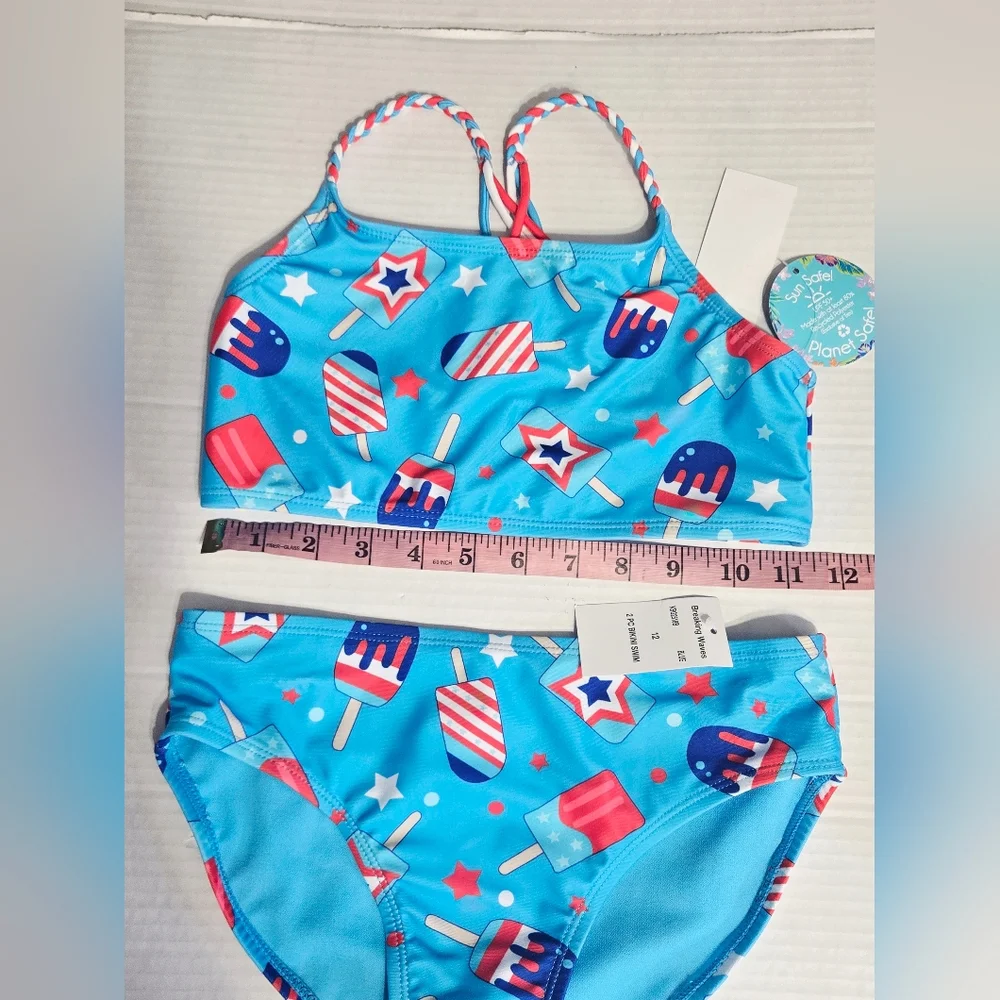 Breaking‎ Waves Girls Bikini Swimsuit Size 12 UPF 50+ Patriotic Popsicles